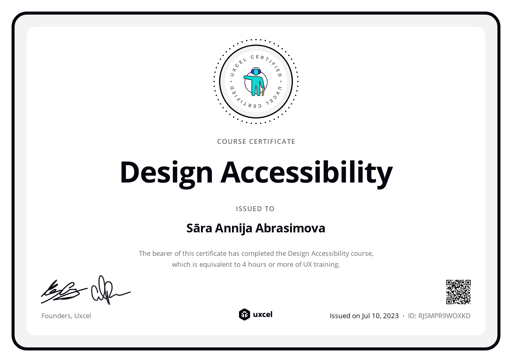 Sāra Annija Abrasimova's certificate